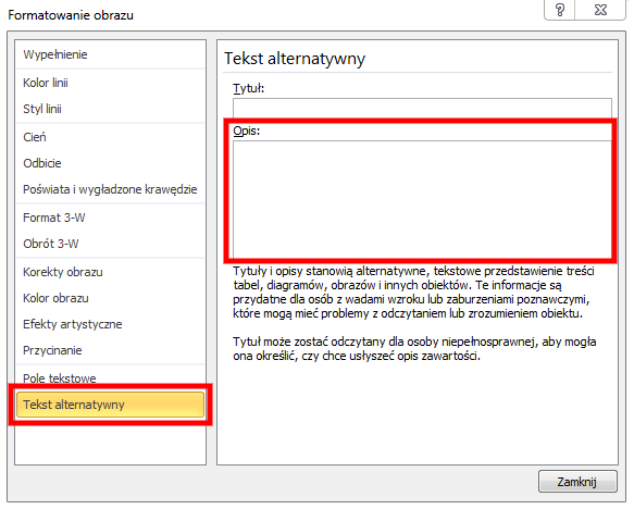 Okno do wprowadzania tekstu alternatywnego dla obrazu w Microsoft Word 2010