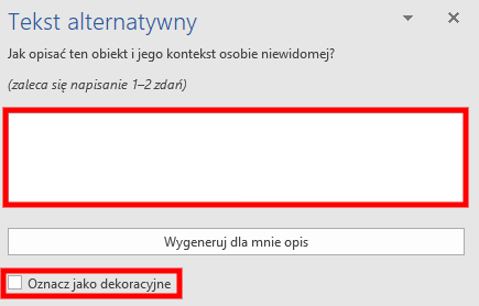 Okno do wprowadzania tekstu alternatywnego dla obrazu w Microsoft Word 2019